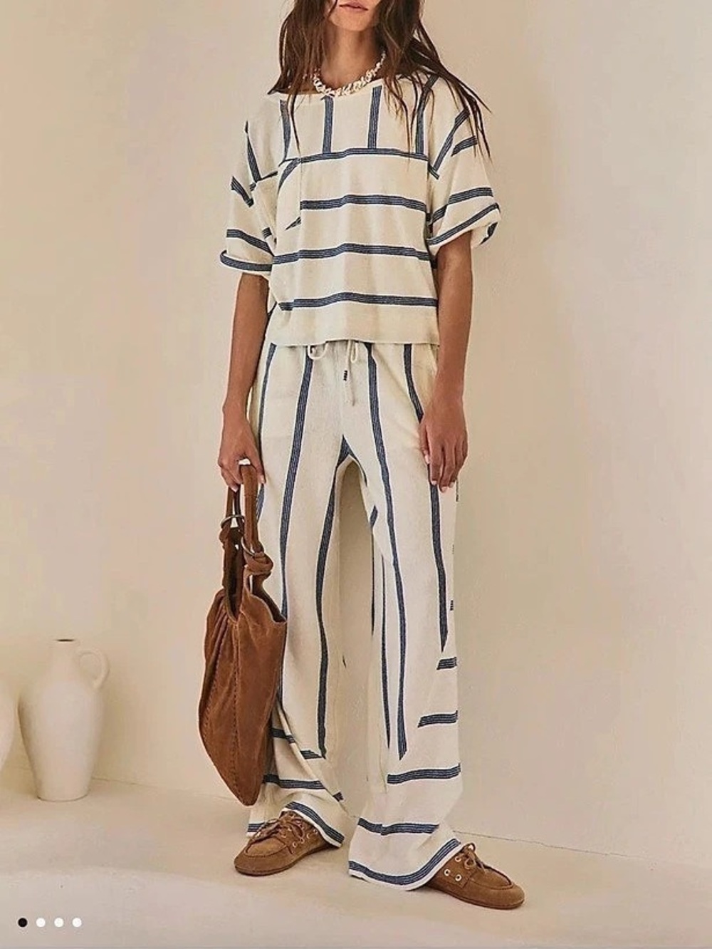 Free People Sailor Tube Set Cream & Blue Striped- Matching Set Natural Fibers